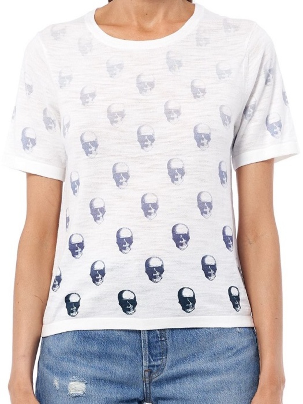 Skull Cashmere White Tee with Blue Skull Print